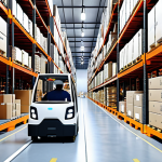 **

Prompt: "Modern logistics warehouse in a Malaysian Free Zone (DFZ). AI-powered robots are efficiently sorting packages. A digital dashboard displays real-time data on traffic and weather conditions, optimizing delivery routes. Focus on efficiency, technology, and the vibrant atmosphere of a busy DFZ. Incorporate recognizable Malaysian elements in the background subtly."

**