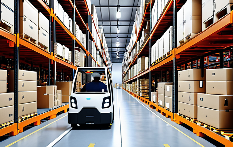 **
Prompt: "Modern logistics warehouse in a Malaysian Free Zone (DFZ). AI-powered robots are efficiently sorting packages. A digital dashboard displays real-time data on traffic and weather conditions, optimizing delivery routes. Focus on efficiency, technology, and the vibrant atmosphere of a busy DFZ. Incorporate recognizable Malaysian elements in the background subtly."
**