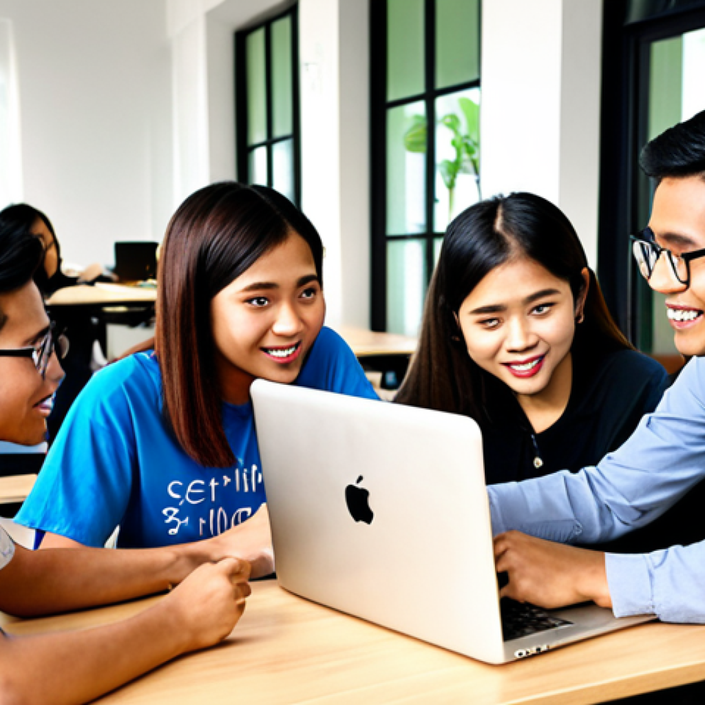 ** A diverse group of young Malaysians participating in a digital skills training workshop. The setting should be a modern co-working space, with laptops and collaborative tables. Include a mentor figure guiding participants in coding or data analysis. The overall tone should be energetic and optimistic, highlighting empowerment.

**