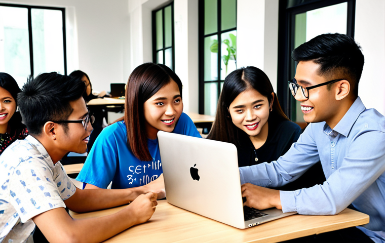 ** A diverse group of young Malaysians participating in a digital skills training workshop. The setting should be a modern co-working space, with laptops and collaborative tables. Include a mentor figure guiding participants in coding or data analysis. The overall tone should be energetic and optimistic, highlighting empowerment.
**