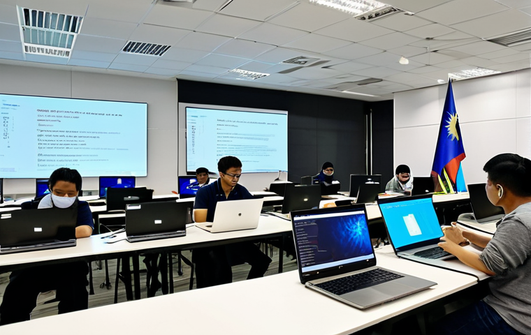 Empowering Digital Talent in Malaysia**
"A diverse group of Malaysian professionals participating in a hands-on digital skills training workshop. The setting is a modern, brightly lit tech hub in Cyberjaya. Participants are actively engaged with laptops and interactive displays. Focus on the instructors demonstrating data analysis techniques. Safe for work, appropriate content, fully clothed, professional, perfect anatomy, natural proportions, family-friendly."
**