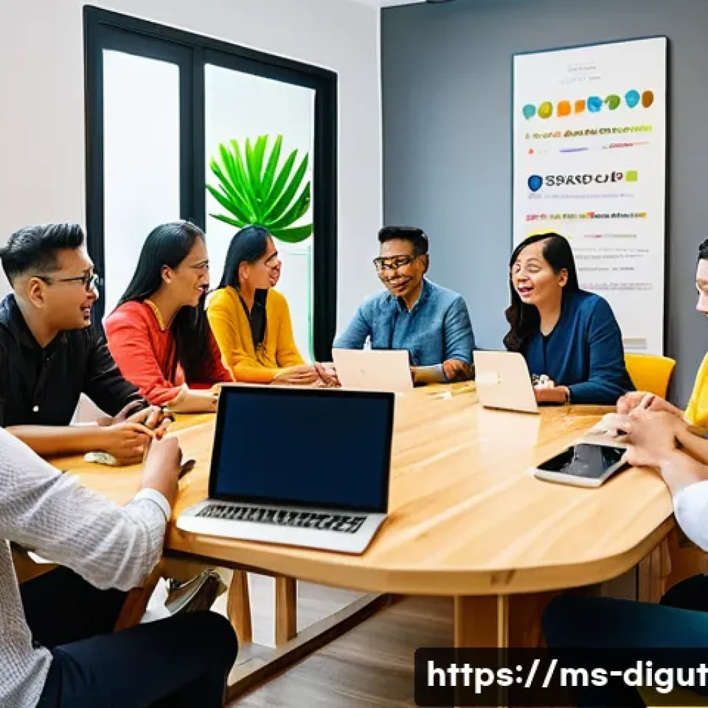 디지털 프리 존의 커뮤니티 구축 방안 - A vibrant digital community meeting scene set in a modern Malaysian coworking space, featuring diver...