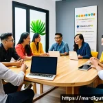 Home 22 디지털 프리 존의 커뮤니티 구축 방안 - A vibrant digital community meeting scene set in a modern Malaysian coworking space, featuring diver...