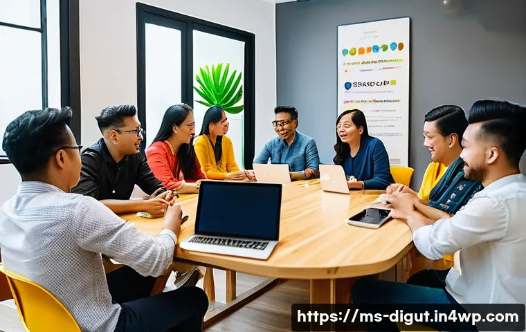 디지털 프리 존의 커뮤니티 구축 방안 - A vibrant digital community meeting scene set in a modern Malaysian coworking space, featuring diver...