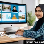 Home 20 디지털 프리 존에서의 소셜 미디어 활용 - A vibrant digital marketing workspace featuring a young Malay woman wearing a modest blouse and hija...