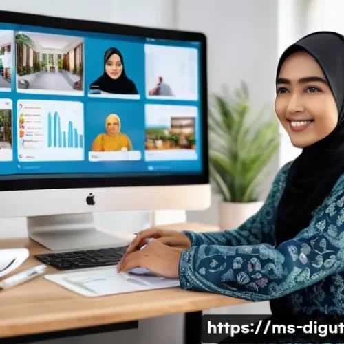 Home 32 디지털 프리 존에서의 소셜 미디어 활용 - A vibrant digital marketing workspace featuring a young Malay woman wearing a modest blouse and hija...