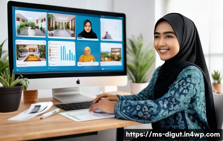 디지털 프리 존에서의 소셜 미디어 활용 - A vibrant digital marketing workspace featuring a young Malay woman wearing a modest blouse and hija...