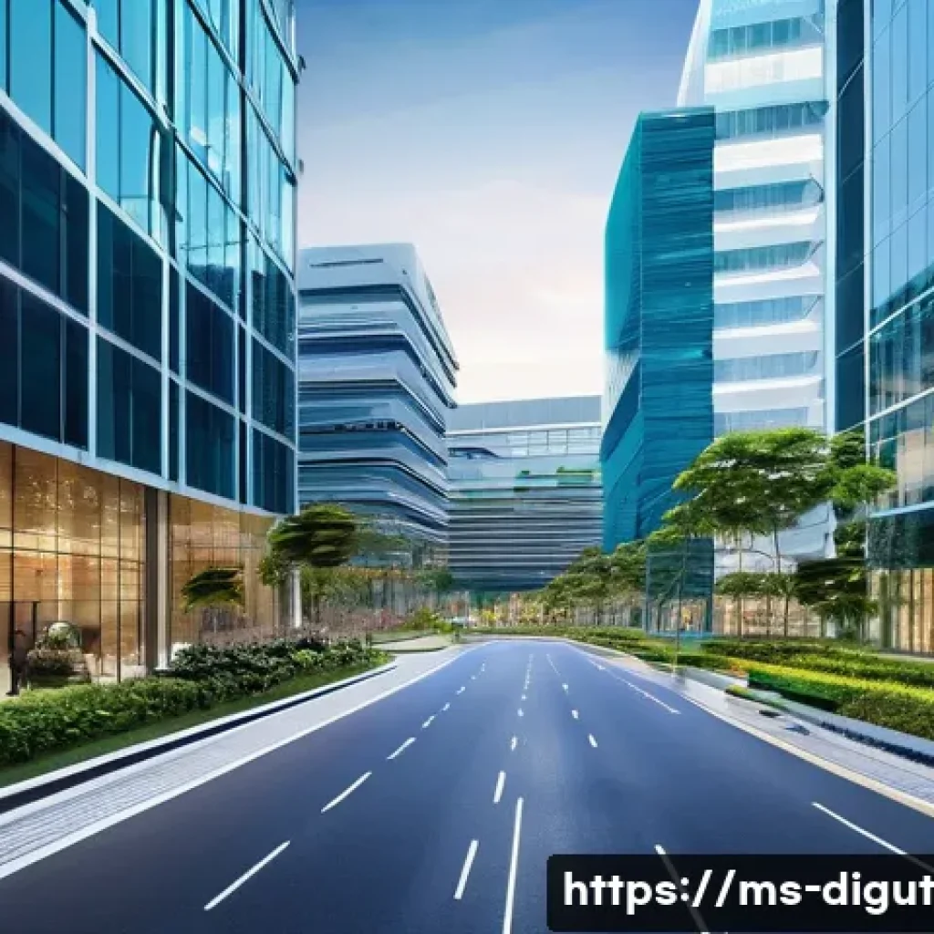 디지털 프리 존의 미래 전망 - A vibrant and modern Digital Free Zone business park in Malaysia at daytime, showcasing futuristic o...