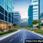 Home 19 디지털 프리 존의 미래 전망 - A vibrant and modern Digital Free Zone business park in Malaysia at daytime, showcasing futuristic o...