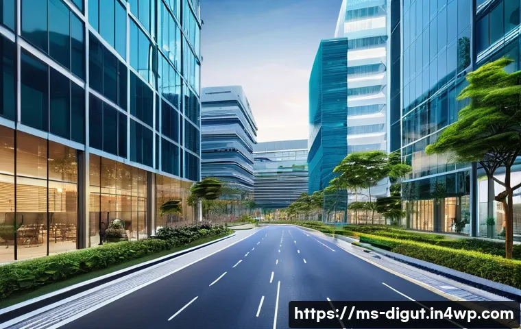 디지털 프리 존의 미래 전망 - A vibrant and modern Digital Free Zone business park in Malaysia at daytime, showcasing futuristic o...
