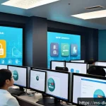 Home 18 디지털 프리 존에서 발생할 수 있는 리스크 - A modern Malaysian office setting with diverse professionals working on computers, surrounded by dig...